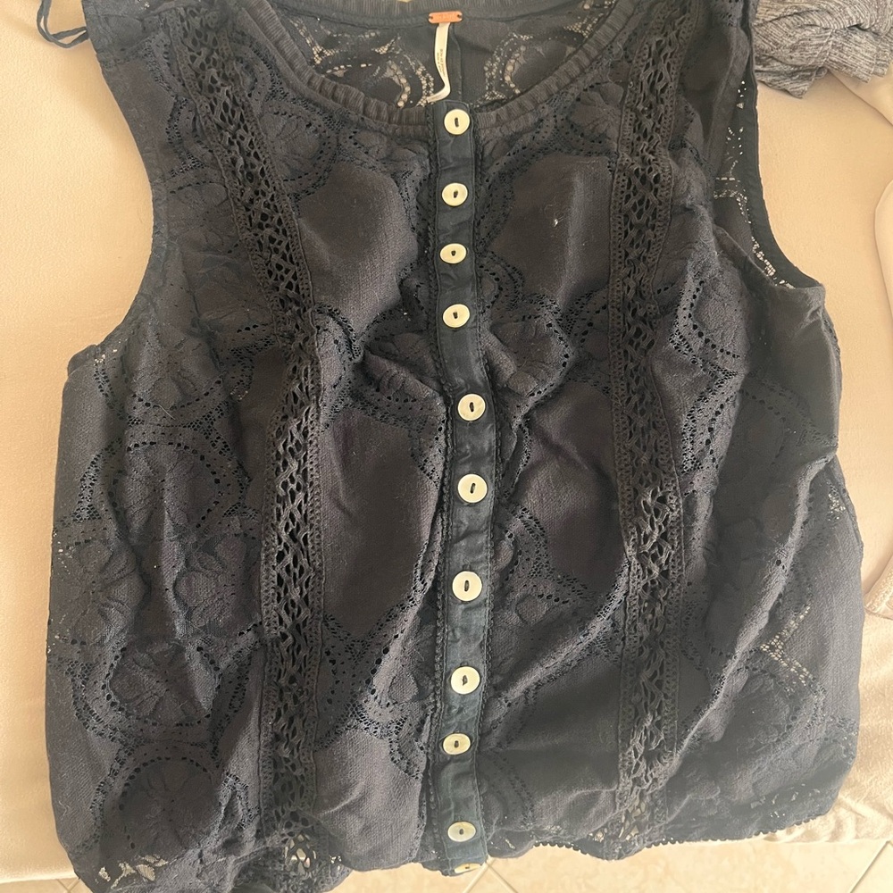 Free People Black Lace-Trim Button Front Sleeveless Top